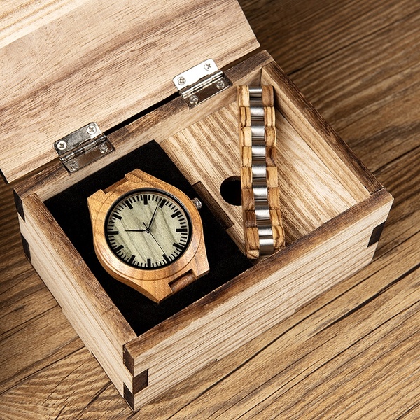 BOBOBIRD Men Wooden Quartz Wrist Watch and Wooden Bracelet Set Men Business Watch Vintage Bracelet for Best Gift