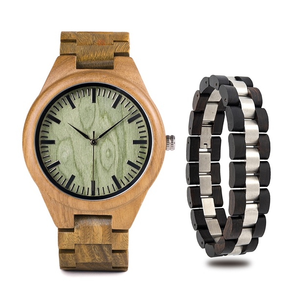 BOBOBIRD Men Wooden Quartz Wrist Watch and Wooden Bracelet Set Men Business Watch Vintage Bracelet for Best Gift