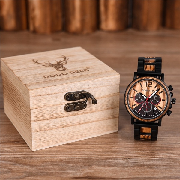 DODO DEER Steel Wood Combined Wood Watch Ebony Red Sandal Zebra Calendar Display Racing Dashboard Design Wooden Box Drop Shipping