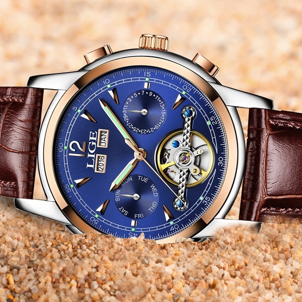 Luxruy LIGE Automatic Watch Men Waterproof Sport Clock Man Leather Business Wrist watch Gifts Box