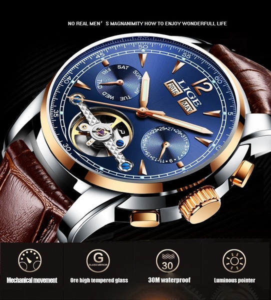 Luxruy LIGE Automatic Watch Men Waterproof Sport Clock Man Leather Business Wrist watch Gifts Box