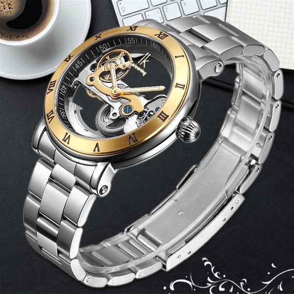 IK colouring Man Watch 5ATM Waterproof Transparent Case Stainless Steel Band Male Mechanical Wristwatch with Gift Box