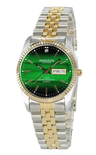 Swanson Japan Men\'s Gold-Plated and Stainless Steel Two-Tone Day-Date Watch Green Dial with Travel Case