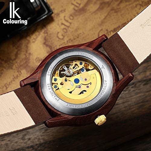 IK Colouring Men Watches, Wood Case Casual Automatic Mechanical Skeleton Wrist-Watch Genuine Leather Bracelet
