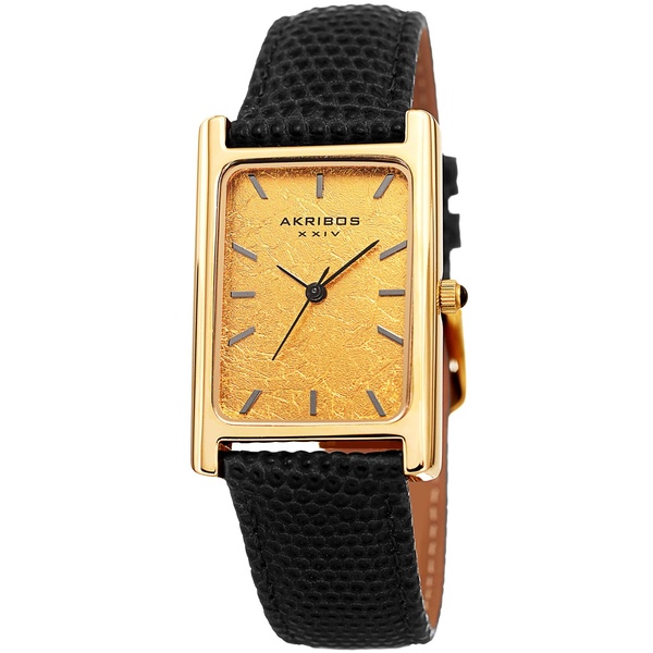 Akribos XXIV AK1045 Men s Watch Skinny Lizard Embossed Genuine Leather Band, Authentic Gold or Platinum Leaf Dial Gold Tone Rectangular Case