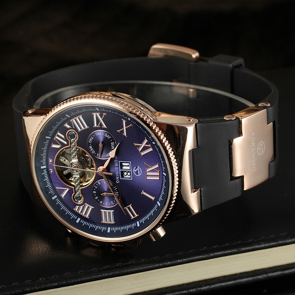 FORSINING Men\'s Watch Fasion Automatic Promotion Dress Alloy Plastic Band Gift Box Wristwatch Deep Blue