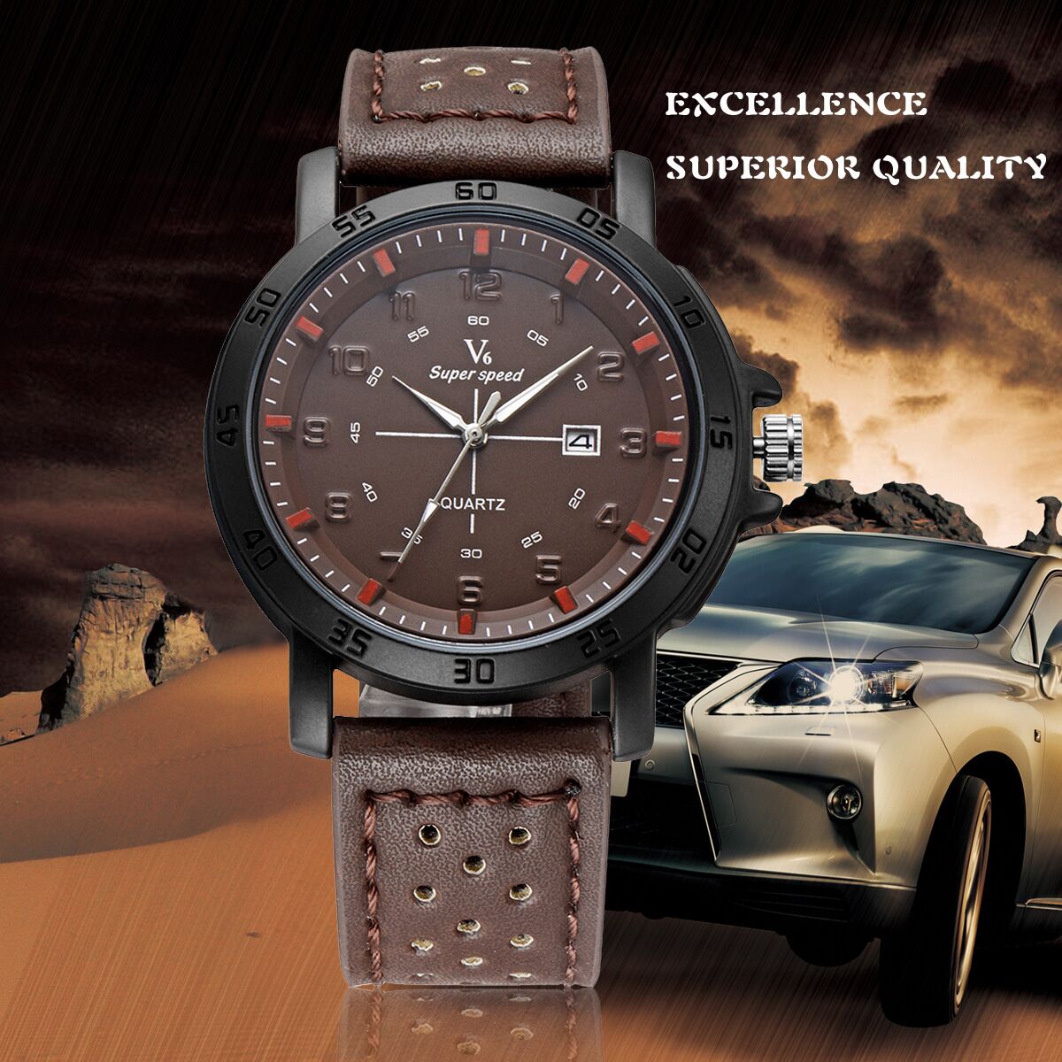 702B006 V6 Quartz Movement Leather Band Sport Watch