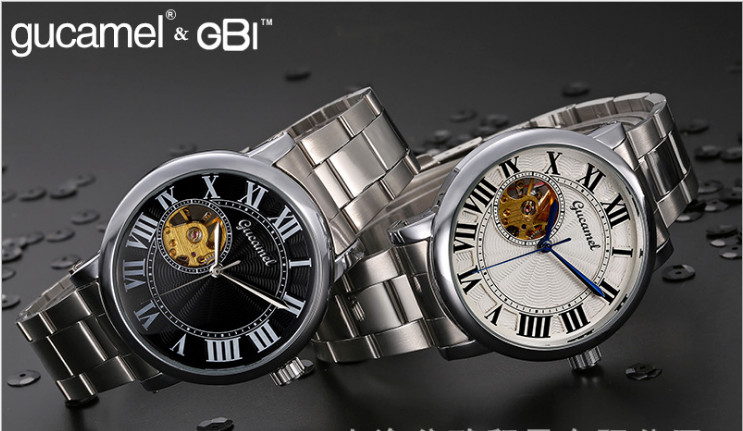 7032018E Gucamel 316L Stainless Steel Band Automatic Movement Skeleton Dial Casual Watch