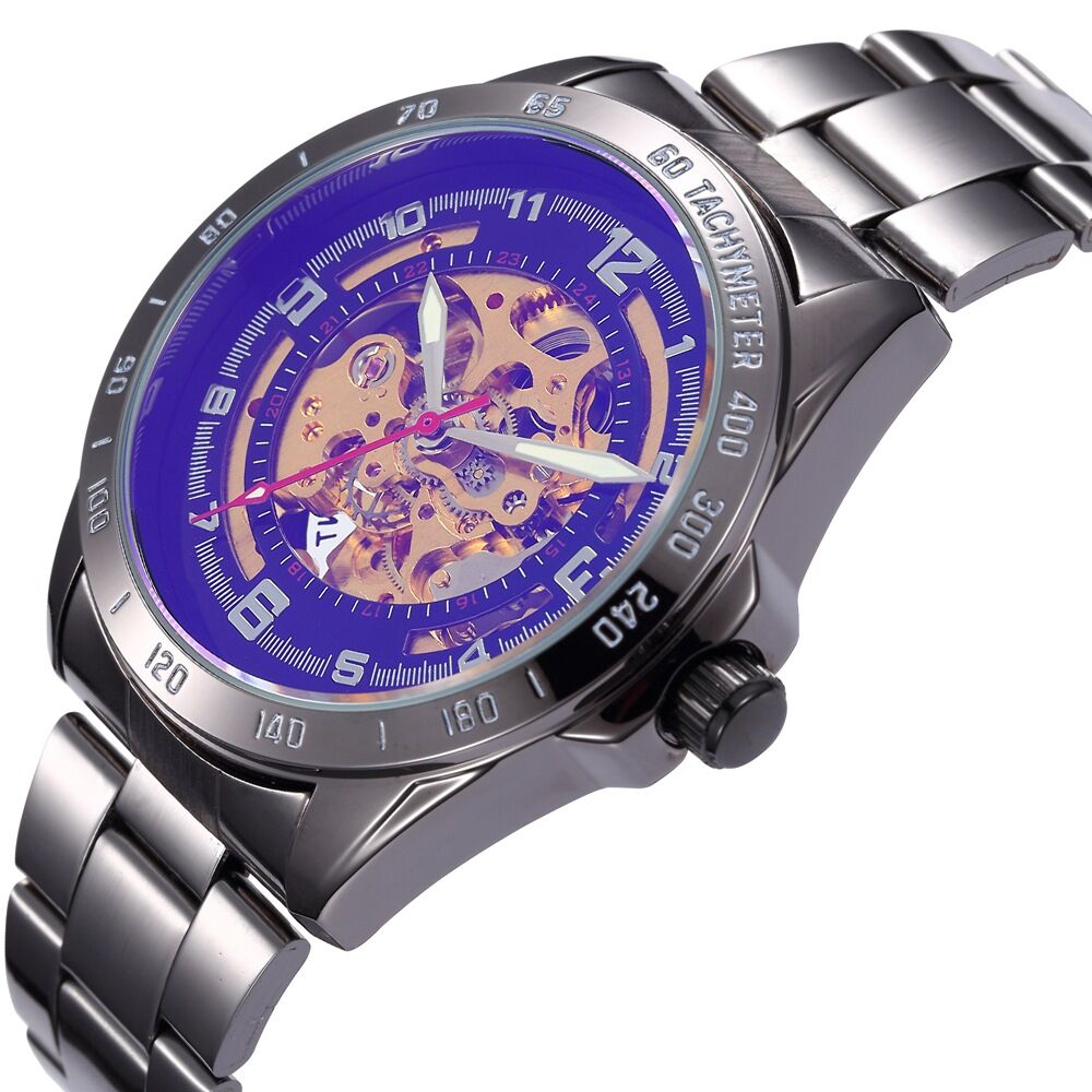 7039581 SH Stainless Steel/Leather Band Automatic Movement Skeleton Dial Casual Watch