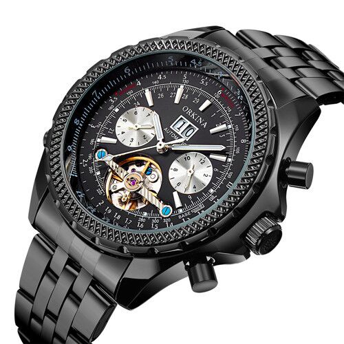 KC082 ORKINA Stainless Steel Band Date Flywheel Automatic Movement Skeleton Watch