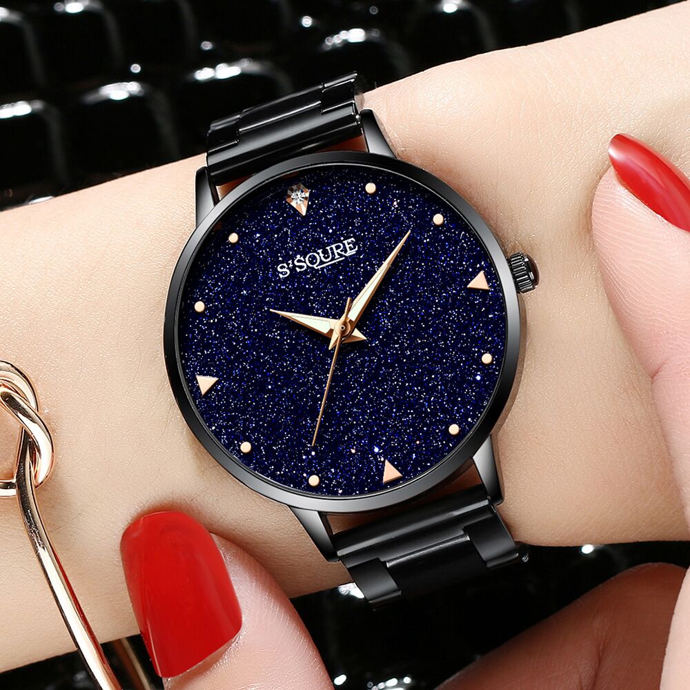 S003 S2SQURE Stainless Steel Band Quartz Watch with Glittery Starry Sky Blue Dial