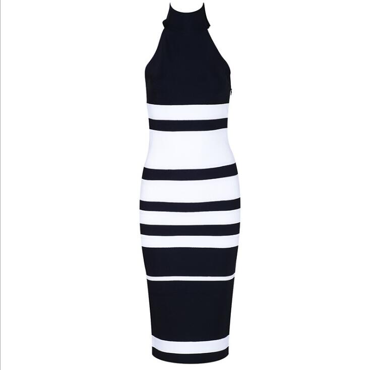 Premium Bandage High Neck Cross Stripe Dress