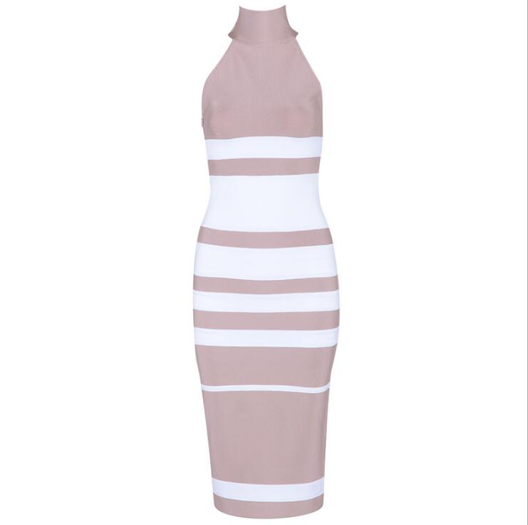 Premium Bandage High Neck Cross Stripe Dress