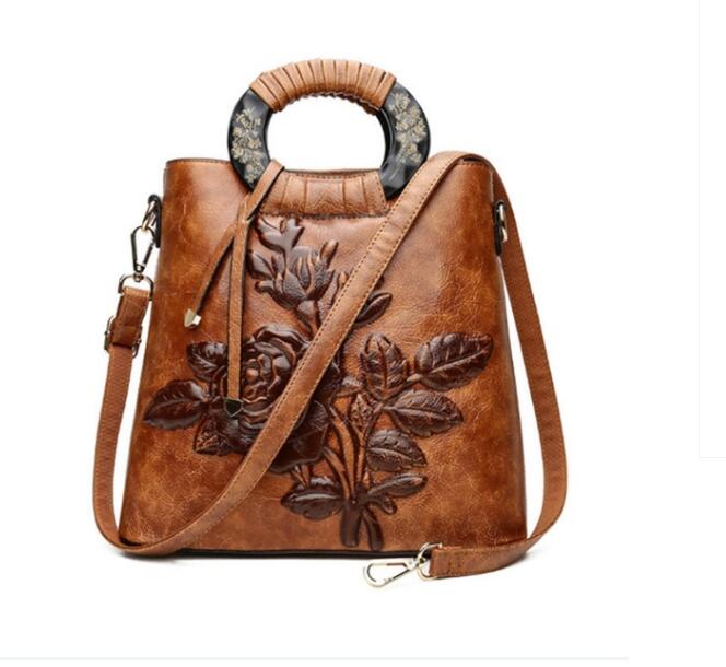 Chinoiserie Embossing Leather Women Bags Handbags Women Big Shell Floral Vintage Women Shoulde Bag