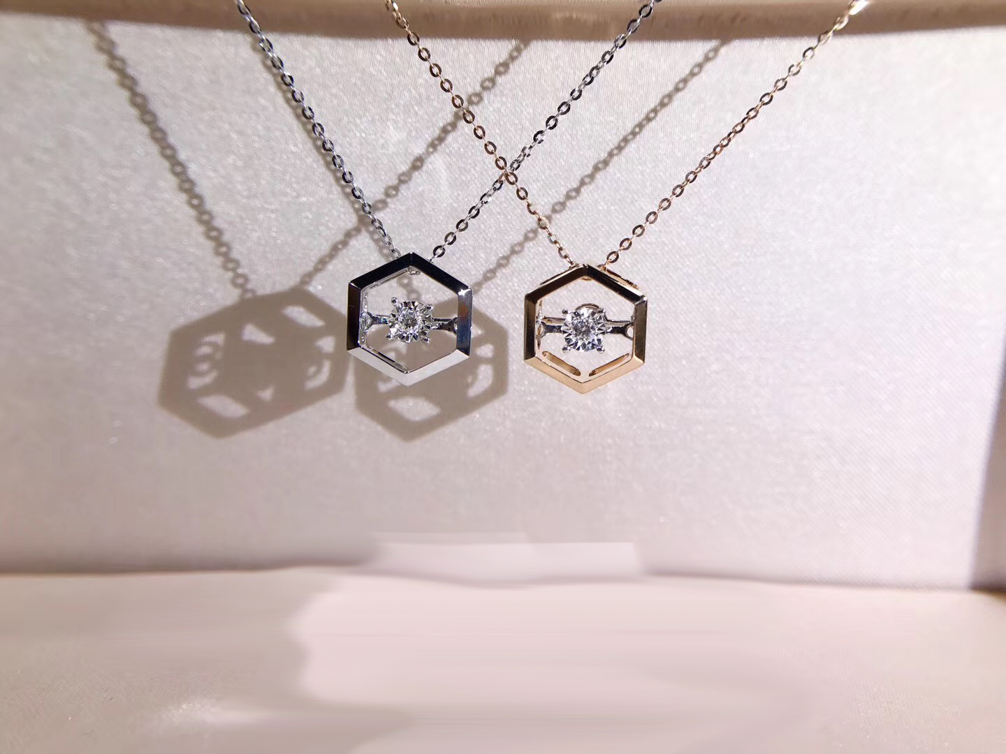 A00012 Hexagon Diamond Necklace in White Gold/Rose Gold [A00012]