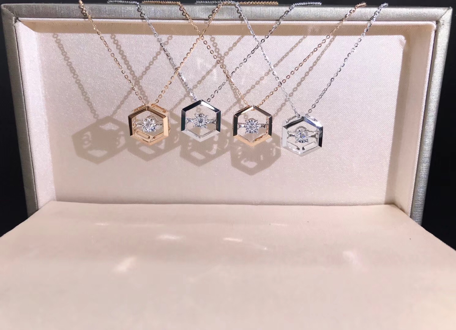 A00012 Hexagon Diamond Necklace in White Gold/Rose Gold
